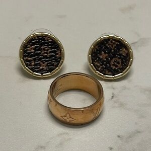 Designer Inspired Gold and Brown Patterned Earrings and Ring Set